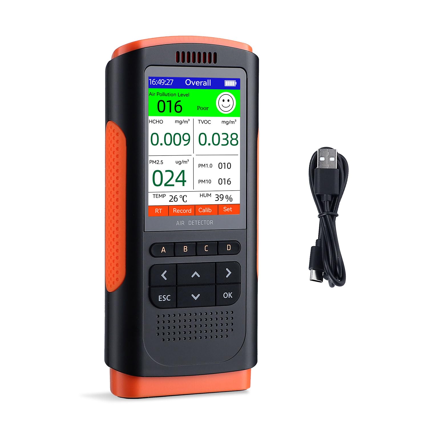 Graphic illustrating the 8-in-1 capabilities of the Inkbird Air Quality Monitor, showing icons for HCHO, TVOC, PM2.5, PM1.0, PM10, Humidity, Temperature, and Air Pollution Levels.