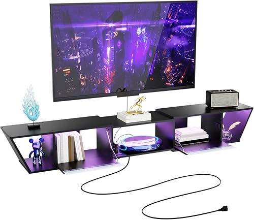 Miniatura 8 de HOOBRO Soporte flotante para TV con toma de corriente, centro de entretenimiento flotante de 63 pulgadas con luz LED, estante moderno de madera para