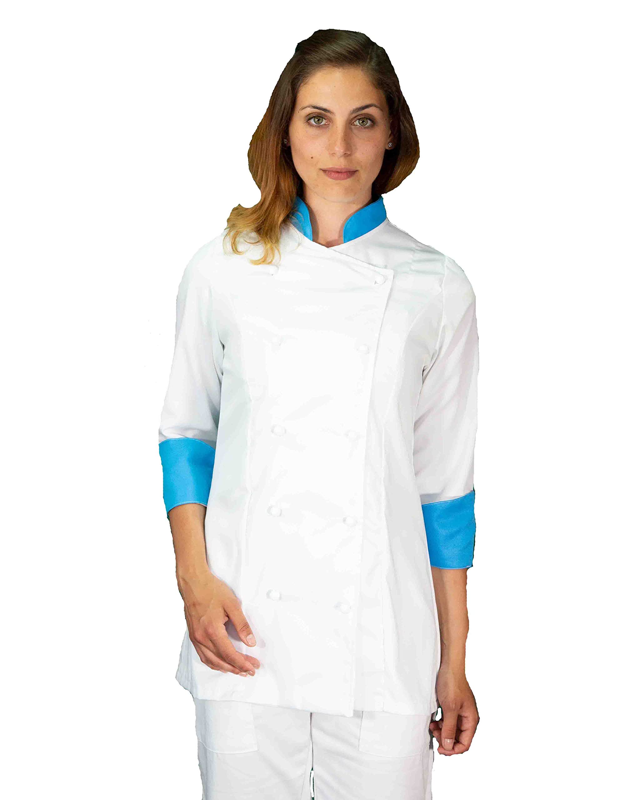 Ricamo Gratuito - Completo Cuoco Donna Bianco e Ciano - Divisa Chef Personalizzabile - Giacca, Pantaloni e Grembiule - Uniforme per Cucina e Ristorante - Made in Italy