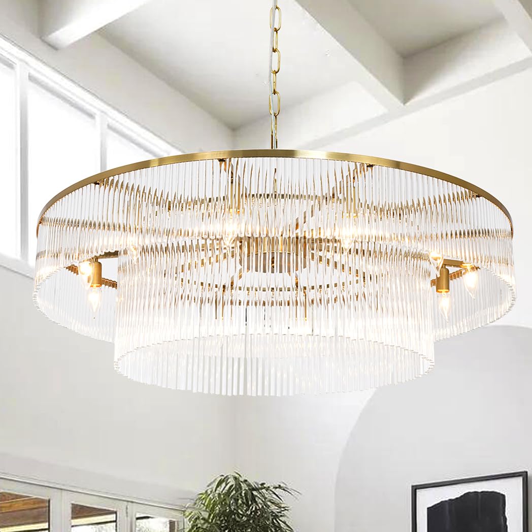 Photo 1 of Akeelighting Modern Glass Chandelier Lighting Brass Chandeliers for High Ceiling Entryway Foyer Large Glass Hanging Light Fixture Grand Living Room Hall 39"