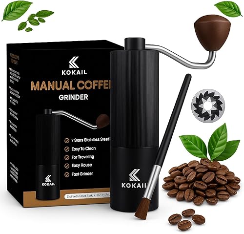 Miniatura 1 de Molinillo manual de café de 7 estrellas, de acero inoxidable 420, con capacidad de 1.06 oz, grosor ajustable para expreso, café por goteo y prensa