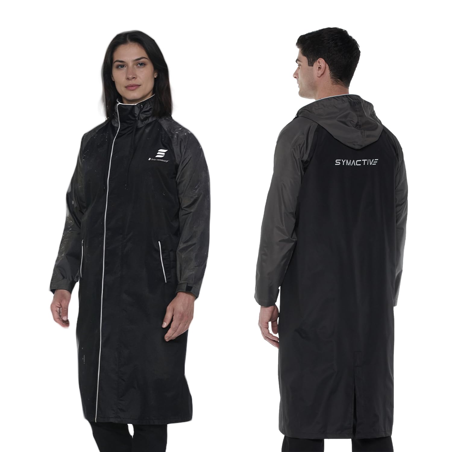 Amazon Brand - Symactive All Weather Raincoat for Men and Women | Waterproof Polyester with PVC Coating | Hooded Long Coat with Utility Pockets | Seam Sealed | Reflective Trim | Black & Grey, XL-image-5