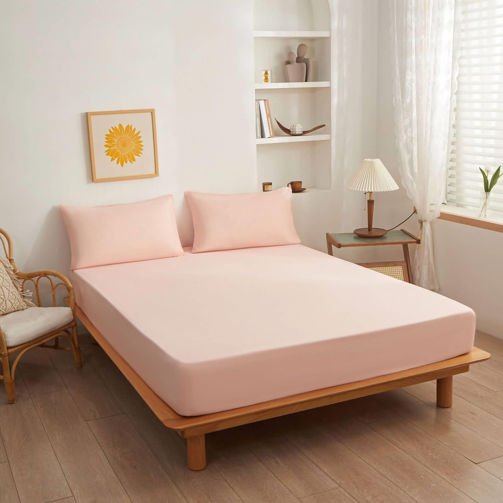 Epinki Soft Fitted Sheets, Double Size, 135x200cm, Deep Pocket 25 cm, Light Pink, Polyester Solid Color Bed Sheet
