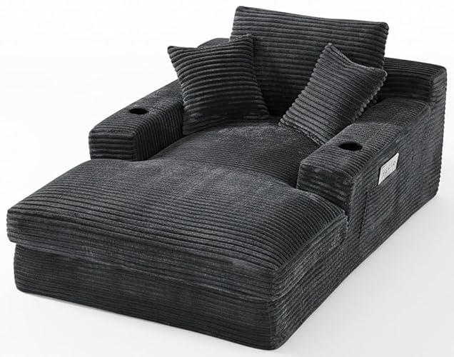 DAMAIFROM Oversized Chaise Lounge Chair Indoor with Cup Holders & Side Pocket, 50" W x 76" D Plush Corduroy Boneless Chaise Lounge with 2-Layer Sponge & Deep High Seat Comfy Reading Chair- Dark Grey - Dark Grey With Cup Holders - 76"D x 50"W