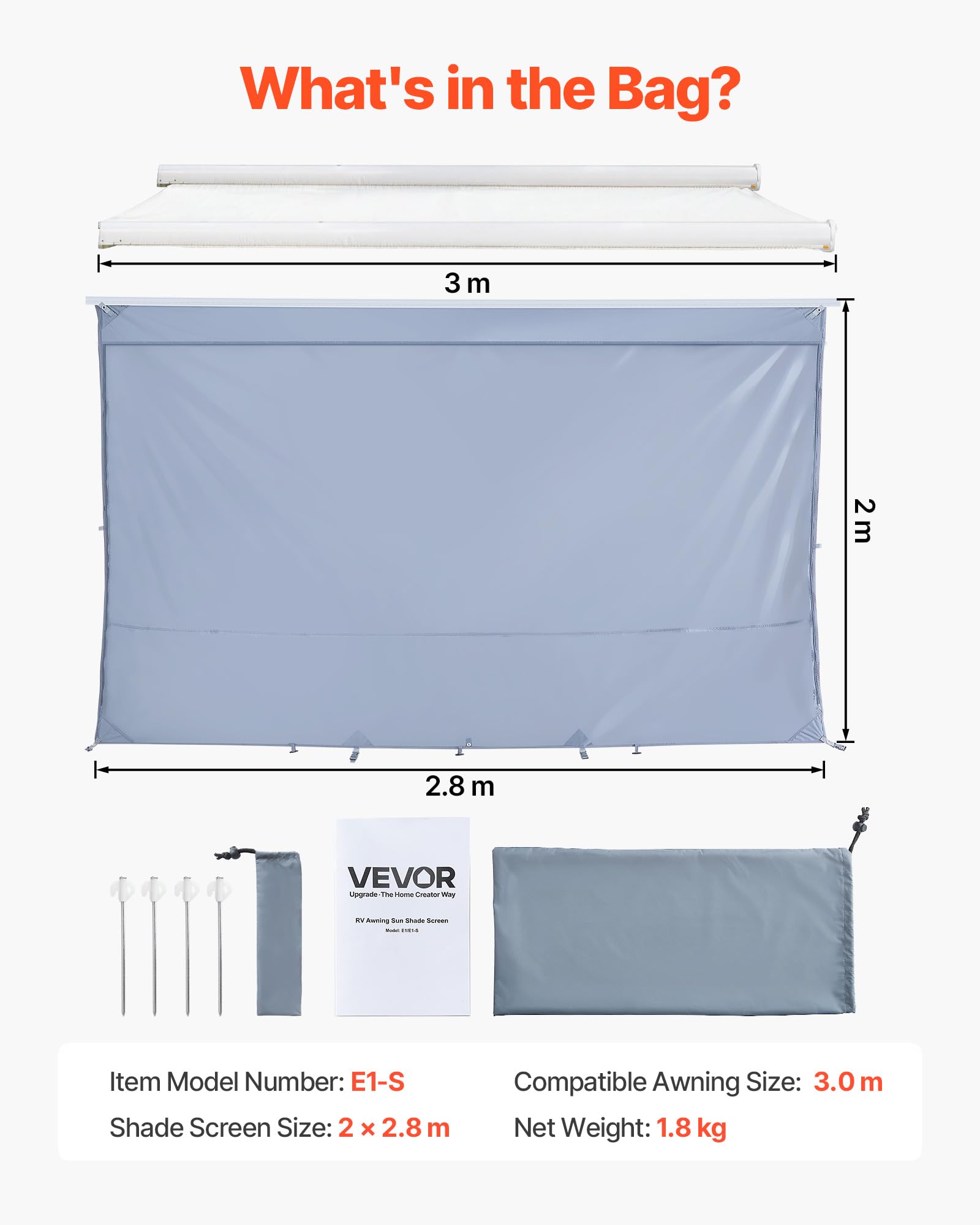 VEVOR Paroi Avant pour Store de Camping-Car 2x2,8 m, Façade de Store Compatible avec Auvent 3 m, Pare-Soleil Caravane Voyage, avec Couverture Zippée en PU UV50+, Maille Polyester Double Couture