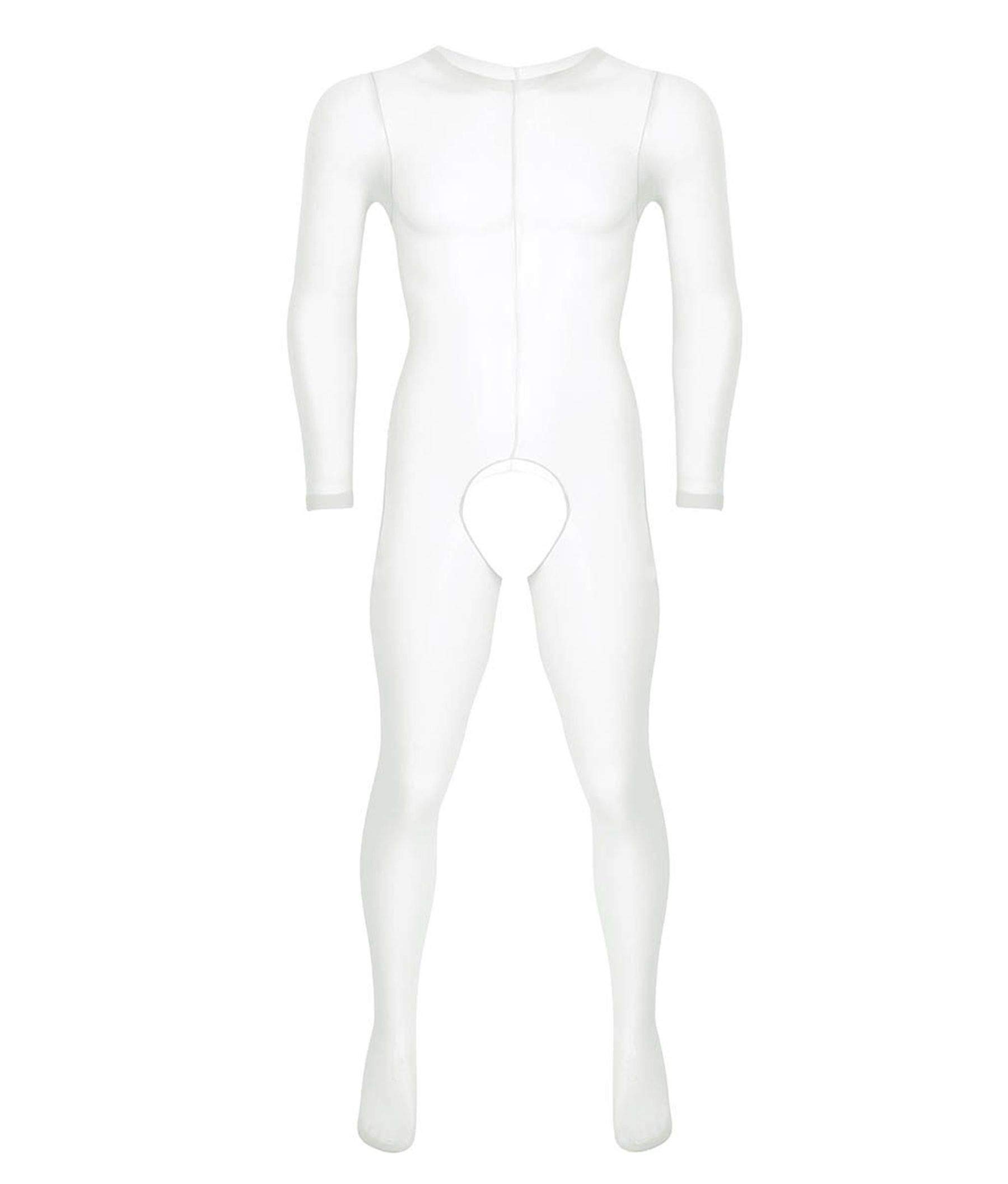 MSemis Transparent Mesh Herren Overall Catsuit Unterwäsche Ouvert-Body Männer Bodysuit Langarm Einteiler Erotik Unterhose Strumpfhosen Clubwear Weiß Einheitsgröße