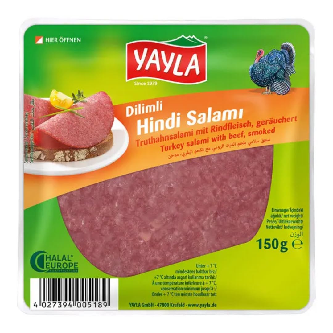 Yayla Truthahnsalami mit Rindfleisch Gerauchert Geschnitten Putensalami zum Frühstück Delikatessen 150 Gramm x 5 STÜCK