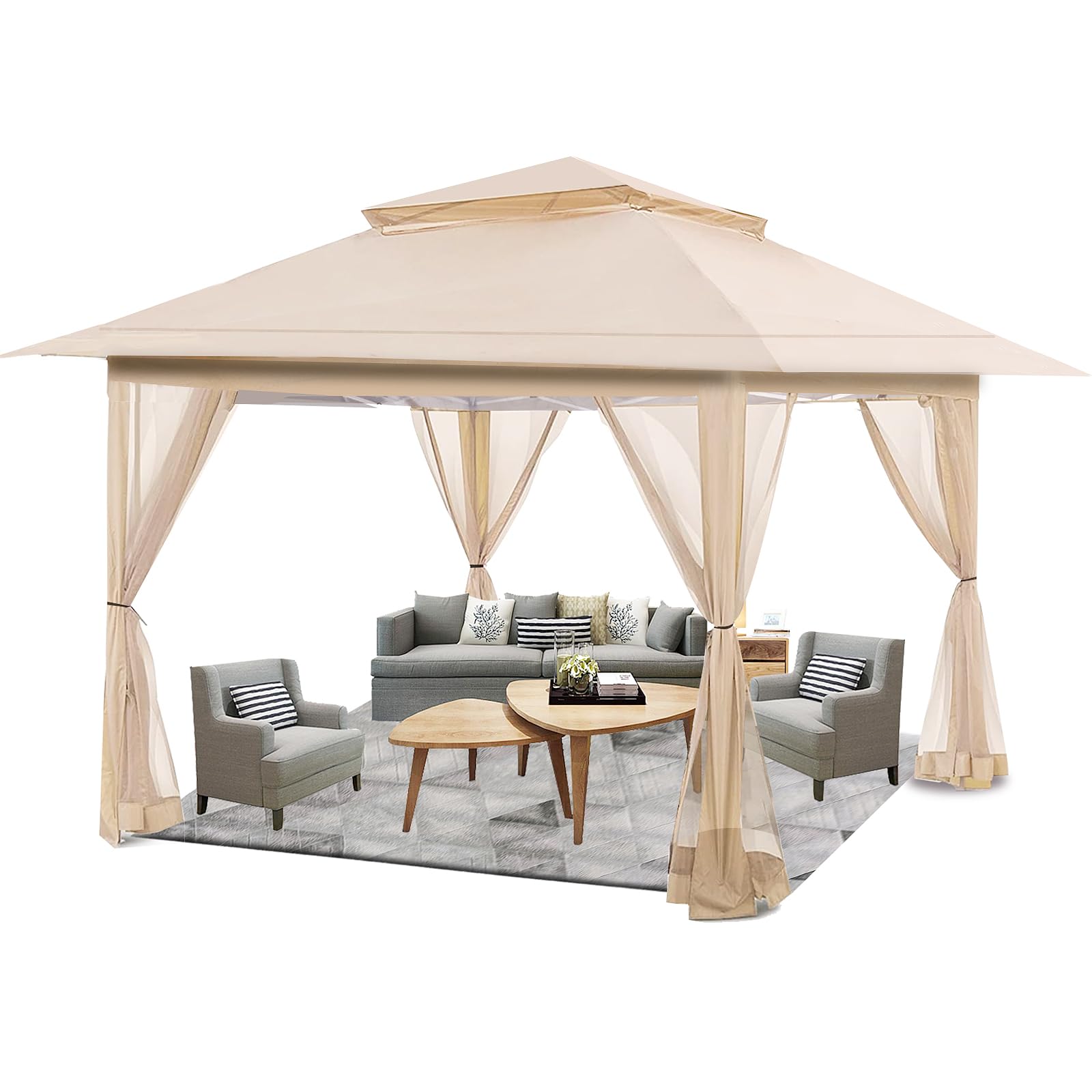 (Incomplete)JKING 13'x13' Pop Up Gazebo with Mosquito Netting,Outdoor Gazebo Canopy Tent for Backyard Patio Deck Porch Garden Parties and Events with Roller Bag,4 Sand Bags,8 Stakes & 4 Ropes,Beige