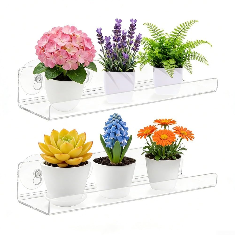 Set of Two Acrylic Window Plant Shelves with Suction Cup Attachment, Designed for Home Storage Solutions to Keep Surfaces Tidy and Items Safe