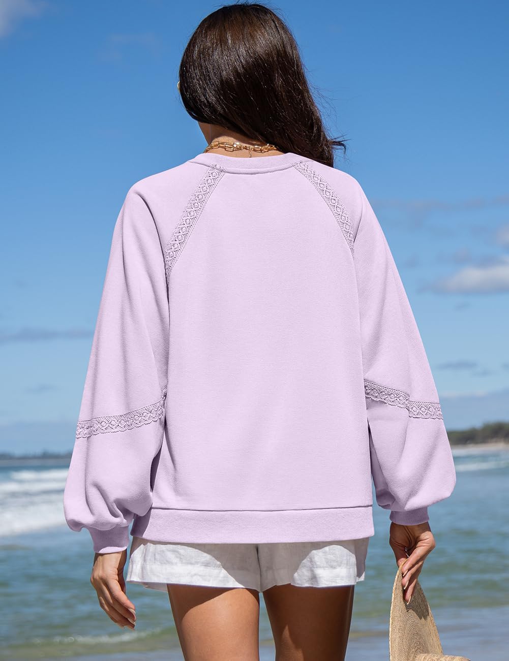 UEU Womens V Neck Crochet Sweatshirt Long Sleeve Oversized Pullover Loose Fit Casual Knit Tops Lightweight Sweater Shirt - Image 4