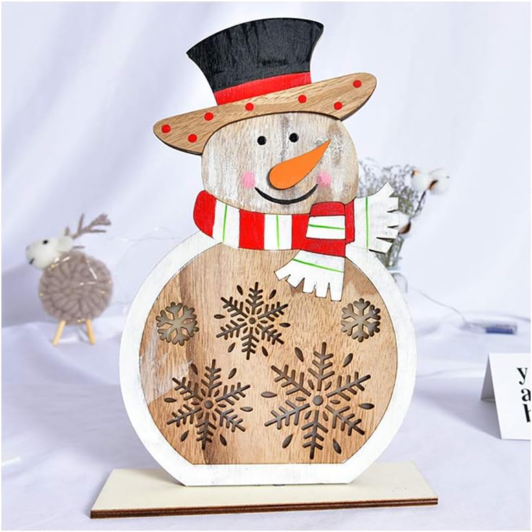 The World's First - Wooden Christmas Snowman Santa Claus Tree House Ornaments with LED Light for Desk Table Party Home Decor