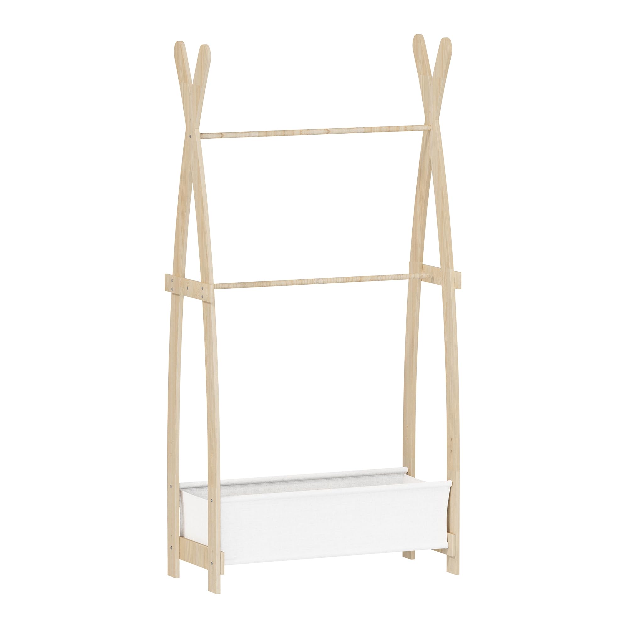 KEEPREAPER Kinder Kleiderständer Holz, Garderobenständer mit Aufbewahrungskiste und Kleiderstange, Kindergarderobe für Kinderzimmer, Mädchen (82 x 43 x 180cm)