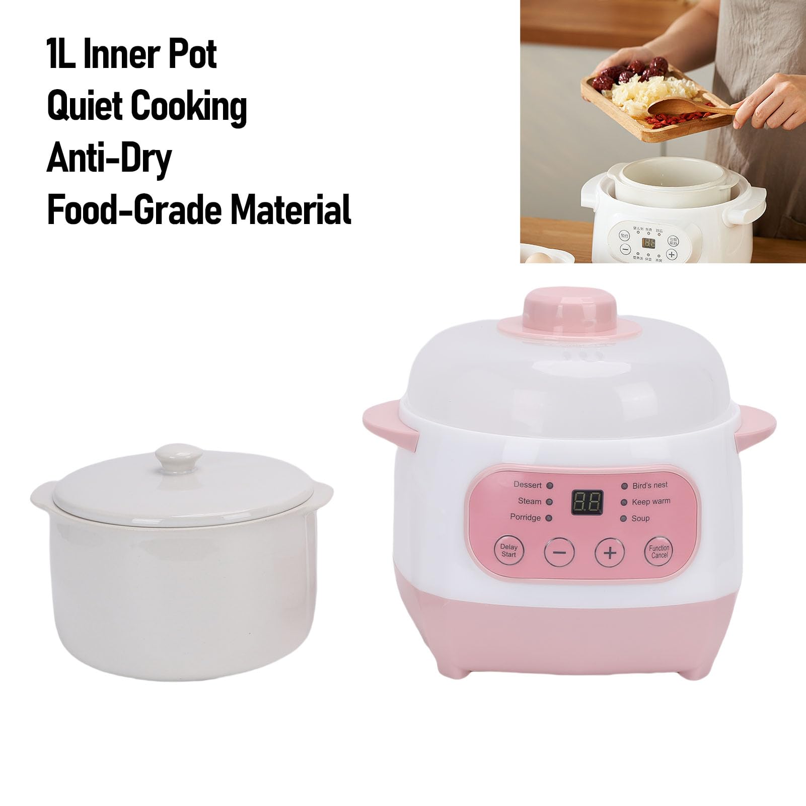 Pentola Elettrica per Zuppa di Porridge in Ceramica da 1 Litro, Ideale per la Preparazione Rapida e dei Pasti per Piccole Famiglie (Spina europea 220V)