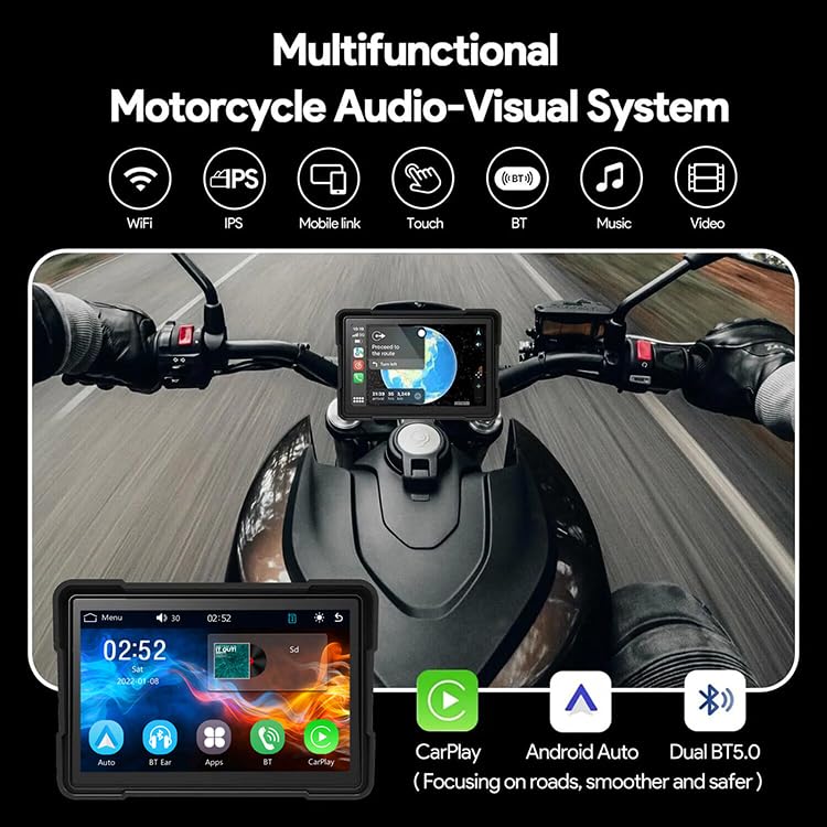 5inch Pantalla táctil portátil GPS CarPlay Android Auto portátil Motocicleta Dash CAM Motocicleta inalámbrica Apple CarPlay Motocicleta DVR GPS IPX7 Impermeable Doble Bluetooth