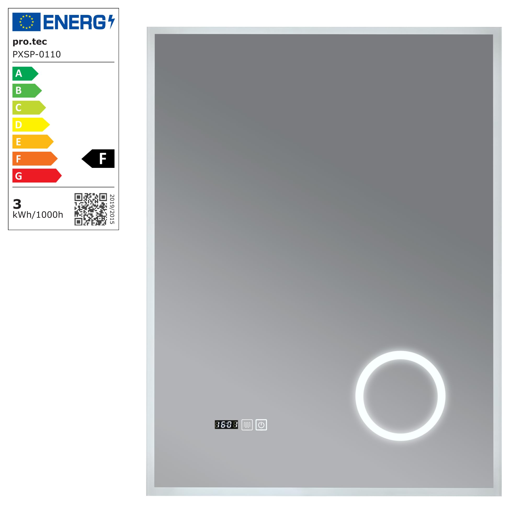 pro.tec Espejo de Pared con LED IP65 para Baño con Antivaho Lupa Reloj Instalación Vertical 3 Opciones de Temperatura de Luz Blanca Interruptor Táctil Aluminio 80 x 60 cm - Blanco