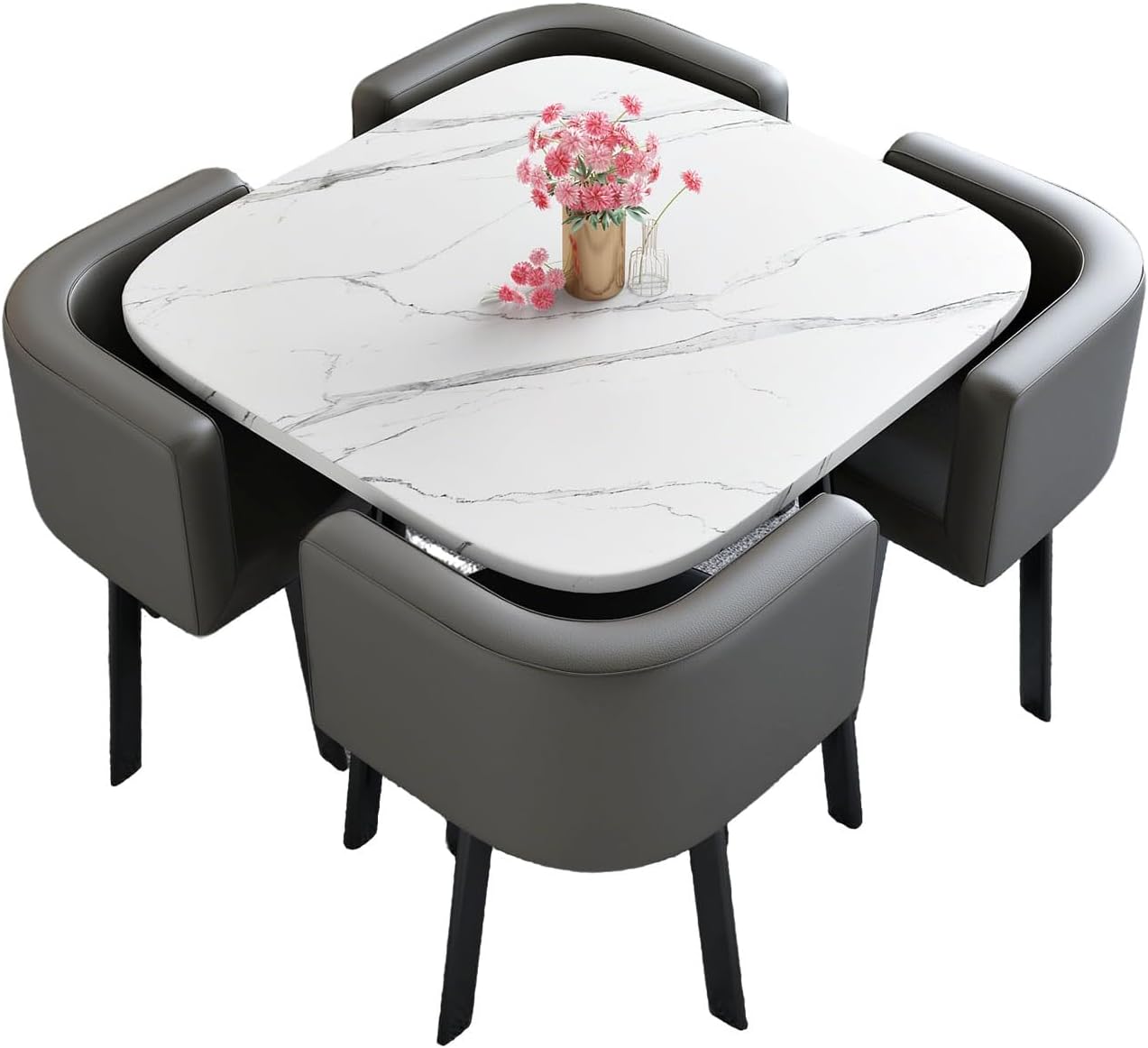 Gray Office Reception Table Set with 4 PU Chairs Compact Conference Table for 4 Space Saving Dining Table for Lounge Living Room & Kitchen
