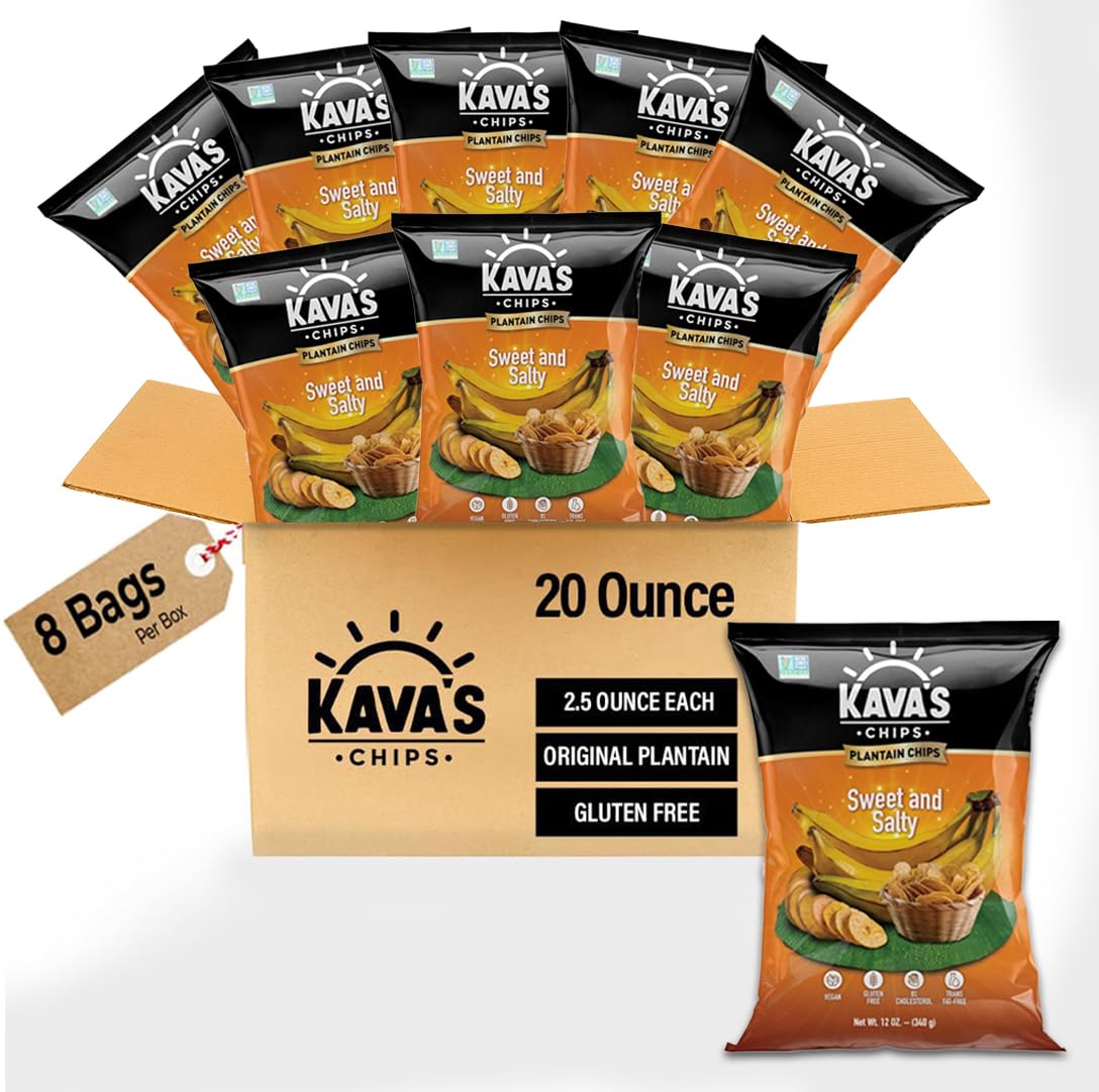 Kava's Plantain Chips, Sweet & Salty Chips - 8 Packs Vegan & Gluten Free Chips | Bulk Plantain Chips, Healthy Snacks, Delicious Original Plantains
