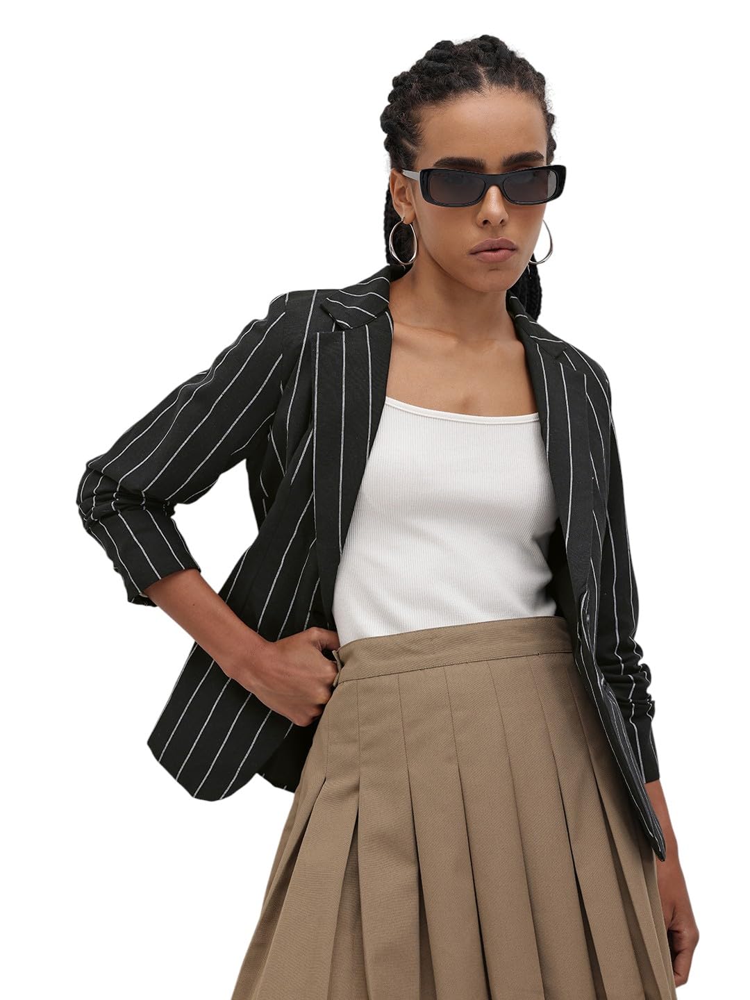 Black and White Striped Single-Breasted Cotton Blazer