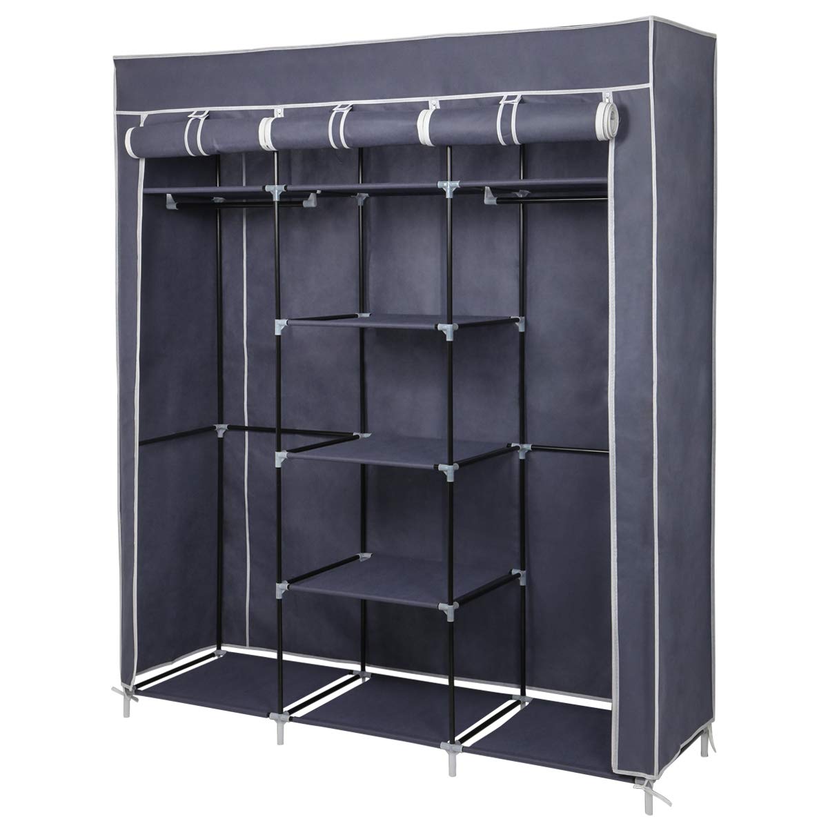 Mondeer Stoffschrank für Schlafzimmer, Kleiderschrank, zusammenklappbar, mit sechs Reißverschlüssen und DREI Türen, schneller Zugriff, 175 x 150 x 45 cm, großes Stauraum, Grau