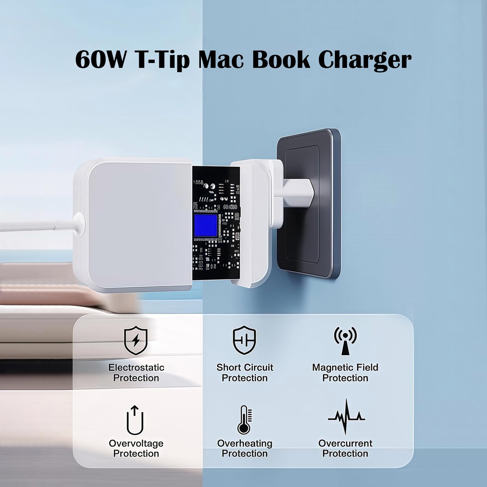 Lerobo 60W T-Tip Caricabatterie, Compatibile con MacBook Pro, Con cavo da 2 metri, design compatto e facile da trasportare