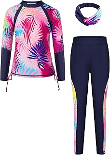 Conjunto de traje de baño para niña de cuello redondo, dos piezas, manga larga, diseño floral, traje de baño de verano para niños
