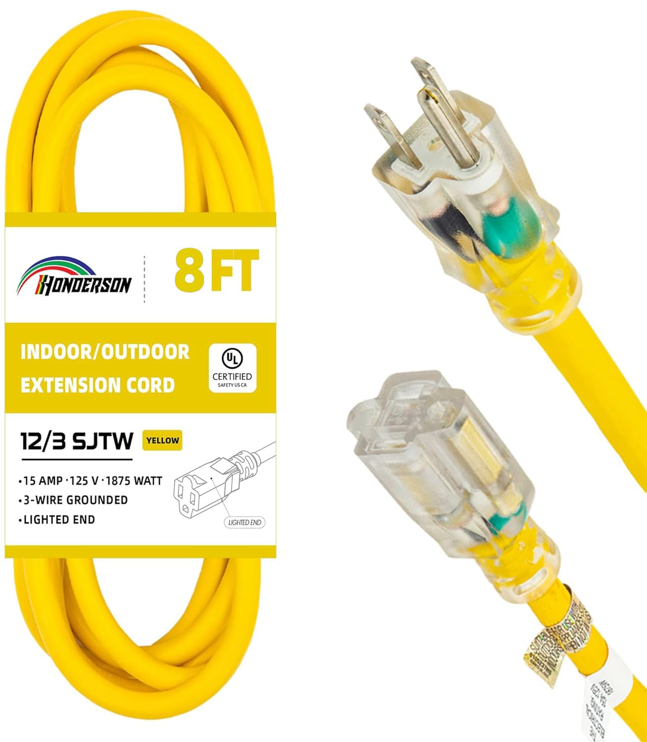 Cable de extensión para exteriores con iluminación de 12/3 de calibre 12, 3 puntas SJTW, cable de extensión amarillo resistente con enchufe de 3 puntas para mayor seguridad, certificado UL