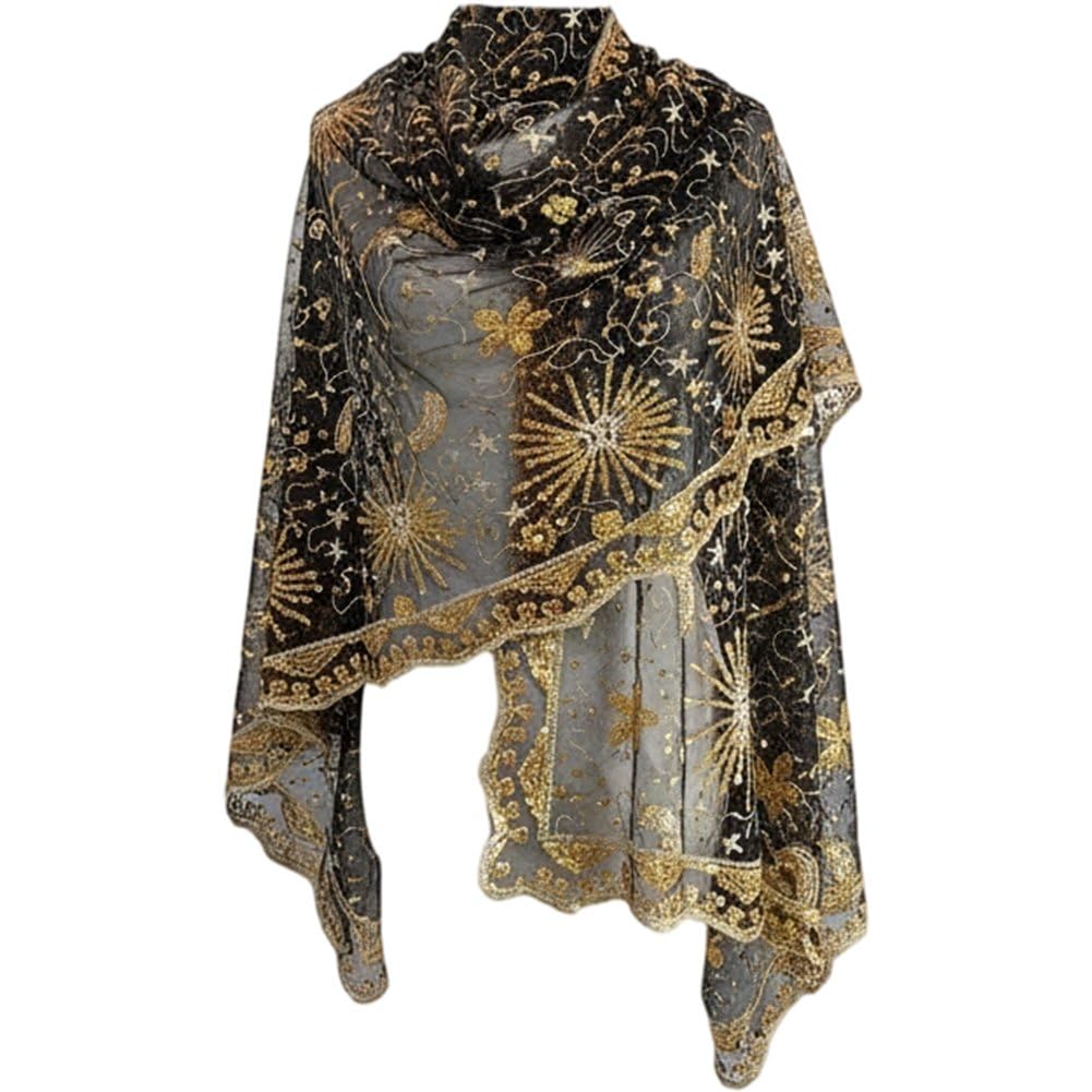 Hrippy Sequin Star Moon Mesh Shawl Wrap, Sparkly Sheer Accessory for Women Bridal Evening Wedding Party Dress Match