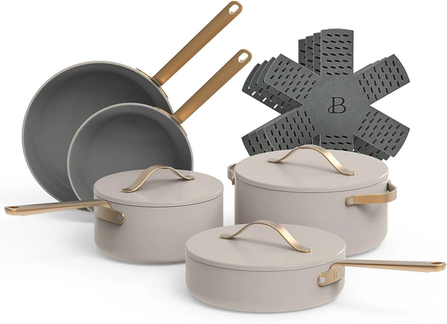 Beautiful 12-Piece Ceramic Non-Stick Cookware Set, Non-Toxic, Induction Compatible, Oven Safe up to 500°F, Dishwasher Safe, by Drew Barrymore (Porcini Taupe)