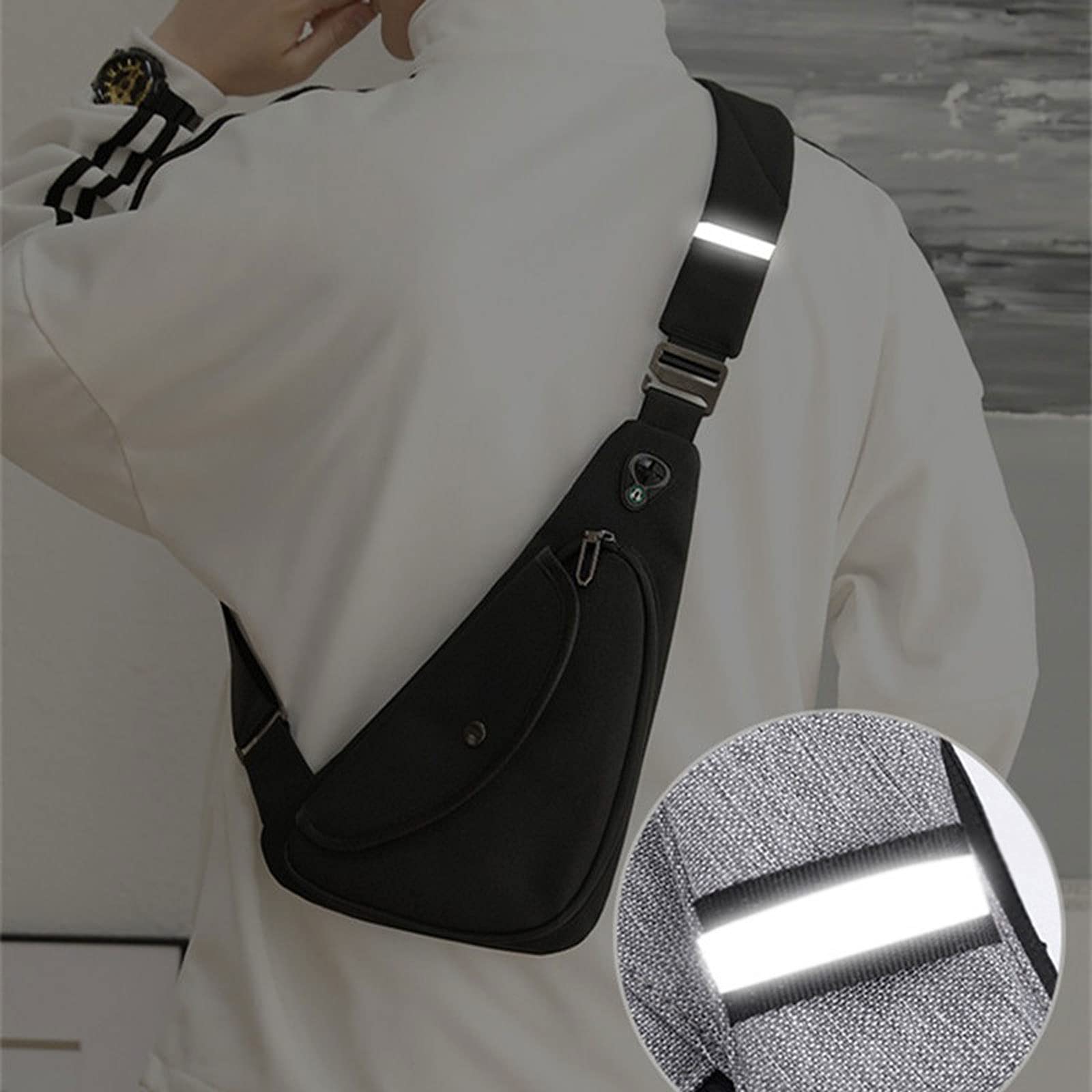 Riñonera pequeña antirrobo para el Pecho, Bandolera para Hombre, minibolso Deportivo de Viaje con Auriculares (Negro)
