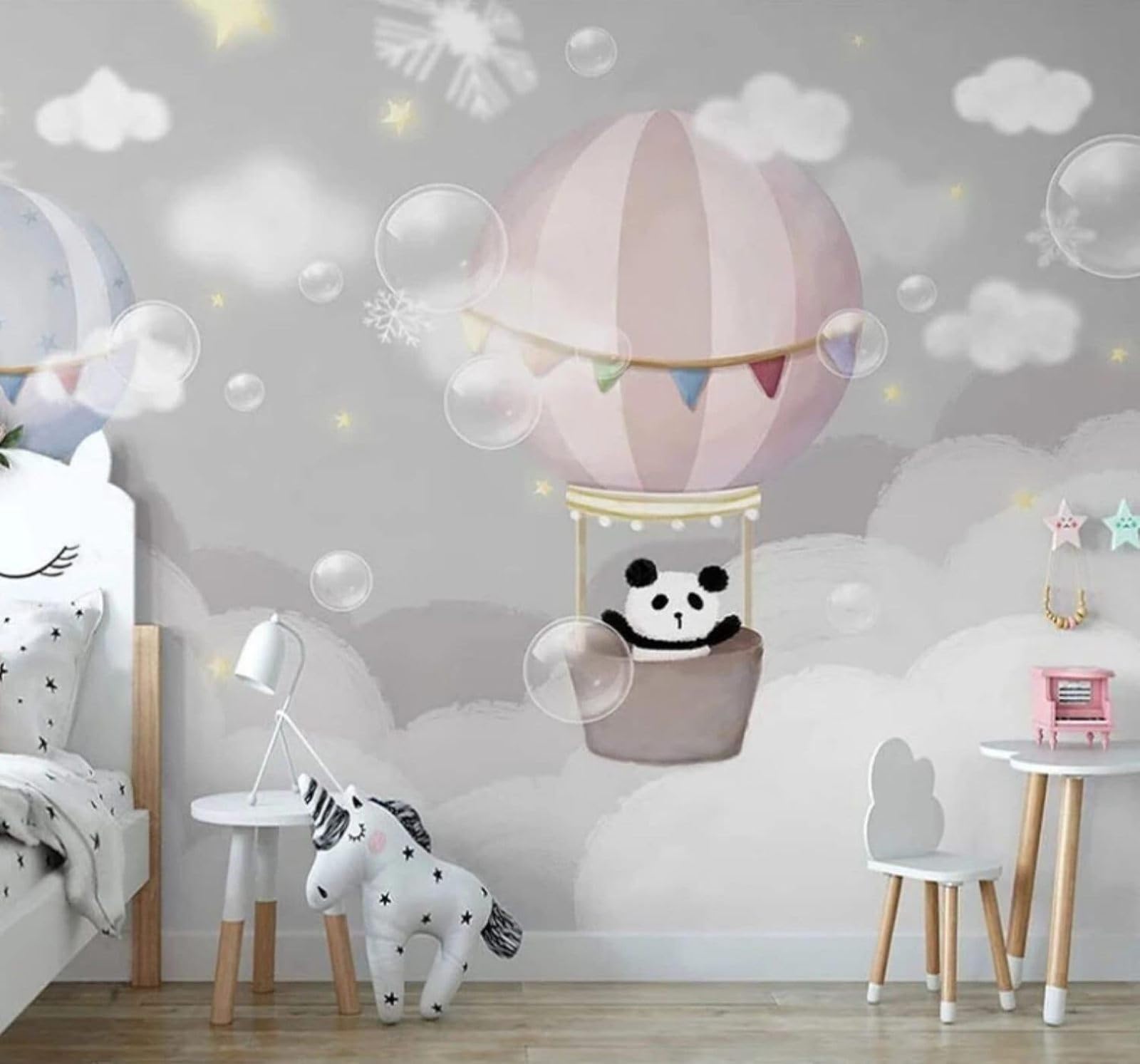 Wallpaper-3D-Xlm 430Cm×300Cm(B×H) Hand Drawn Hot Air Balloon Clouds Cartoon Panda 3D Wallpaper Easy Install Feature Office Living Room Sofa Bedroom Tv Background Wall Decoration-430Cm×300Cm