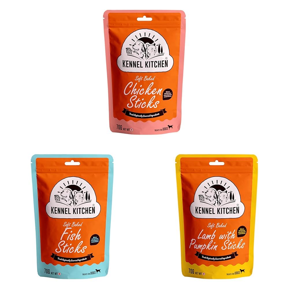 Kennel Kitchen Soft Baked Stick Treats for Dogs, Variety Pack, 70G (Pack of 3) | Chicken, Fish and Lamb with Pumpkin, All Life Stages