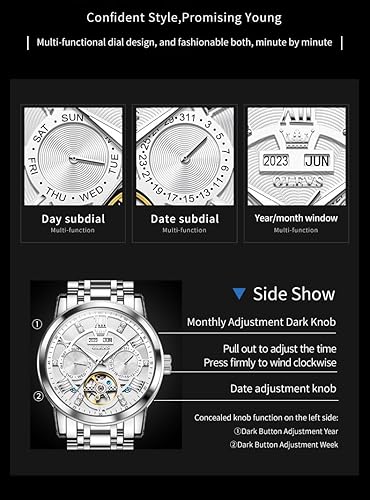 Miniatura 5 de OLEVS Relojes Automáticos para Hombre, Diseño Esqueleto Dorado, Tourbillon, Automático, Mecánico, Acero Inoxidable, Impermeable, Reloj de Pulsera
