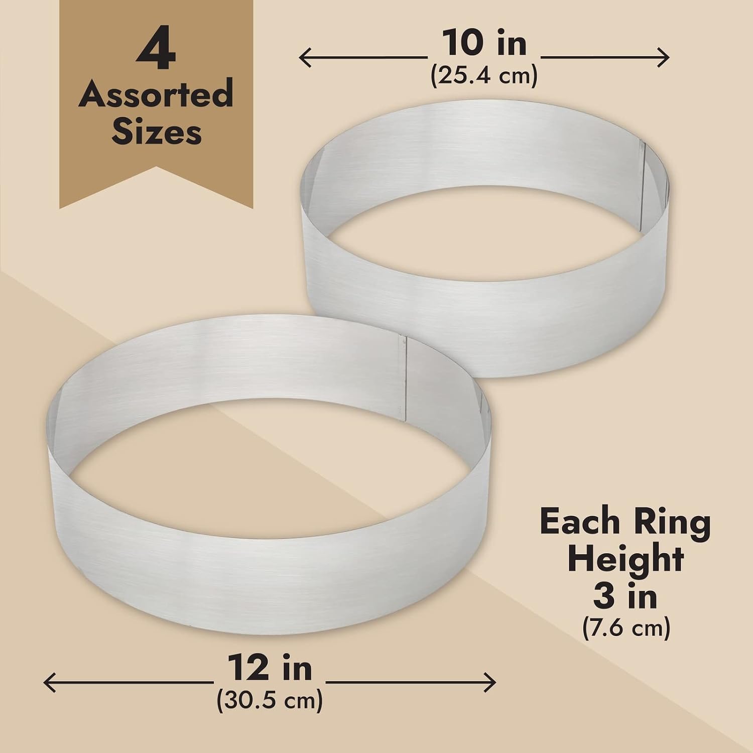 Juvale 4 Piece Cake Rings for Baking Set, Stainless Steel Round Cutters for Cake Molding, Mousse, Pastries (6, 8, 10, 12 Inch)