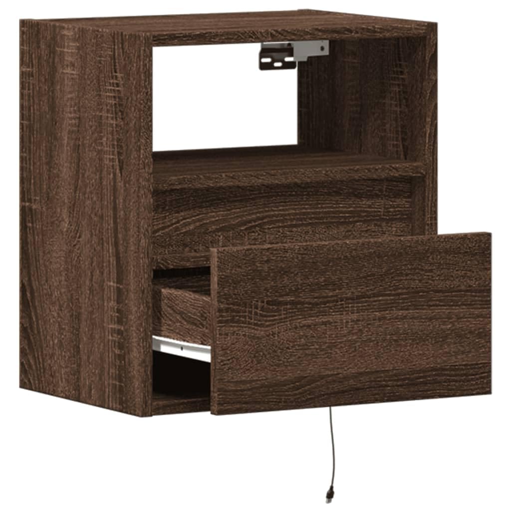Comodini da parete con luci a LED, set da 2 pezzi, colore marrone quercia, consolle da notte sospese con cassetto per camera da letto mobili