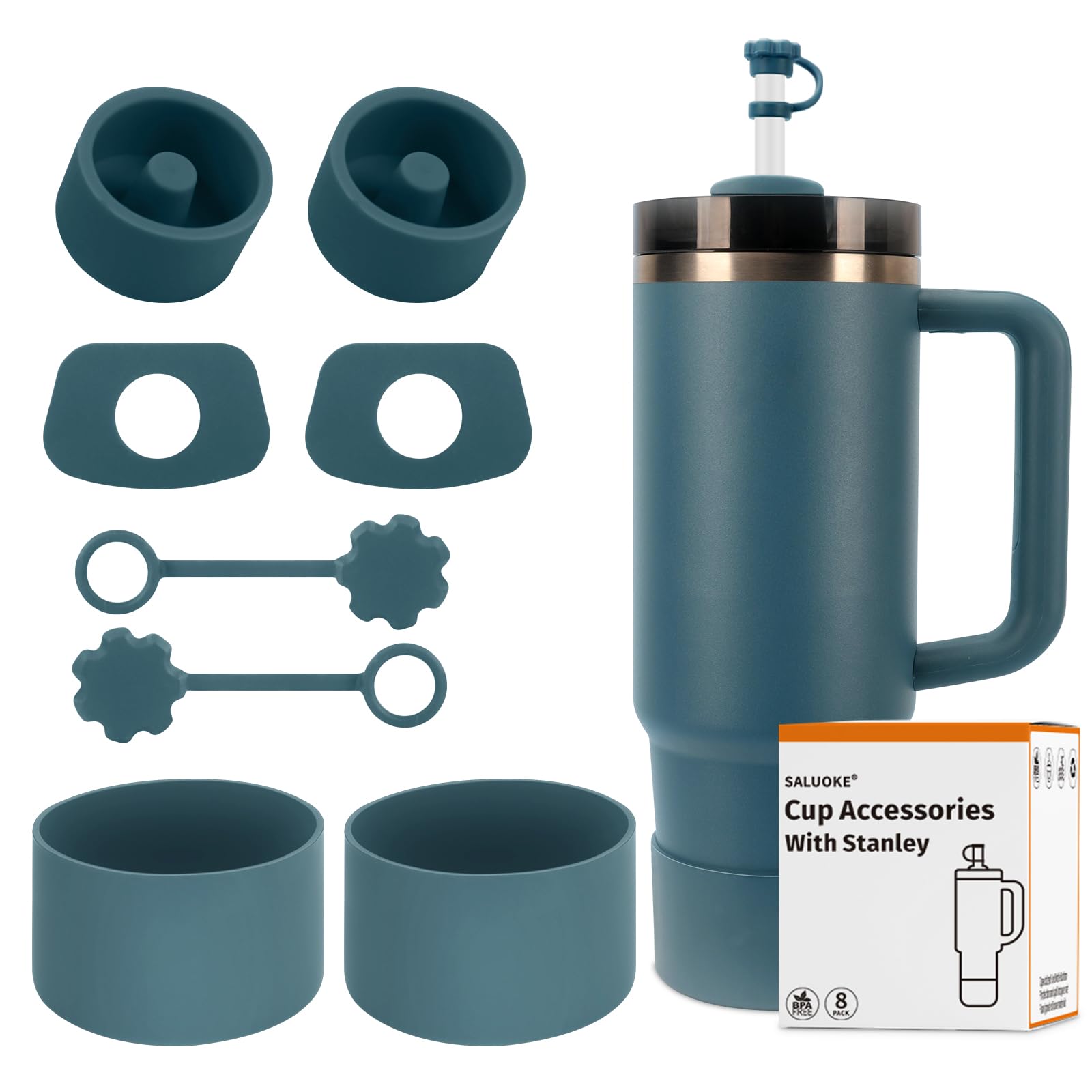 8 pezzi, tra cui 2 tappi di copertura per cannuccia, 2 tappi quadrati per fuoriuscite, 2 tappi rotondi per perdite, 2 stivali in silicone per Stanley Cup 2.0 1,2 l e 850 ml (Blue Spruce)