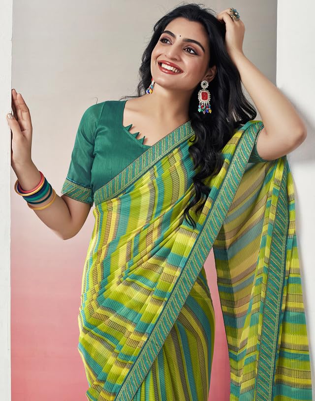 Image of SIRIL Women's Lace & Printed Chiffon Saree with Blouse