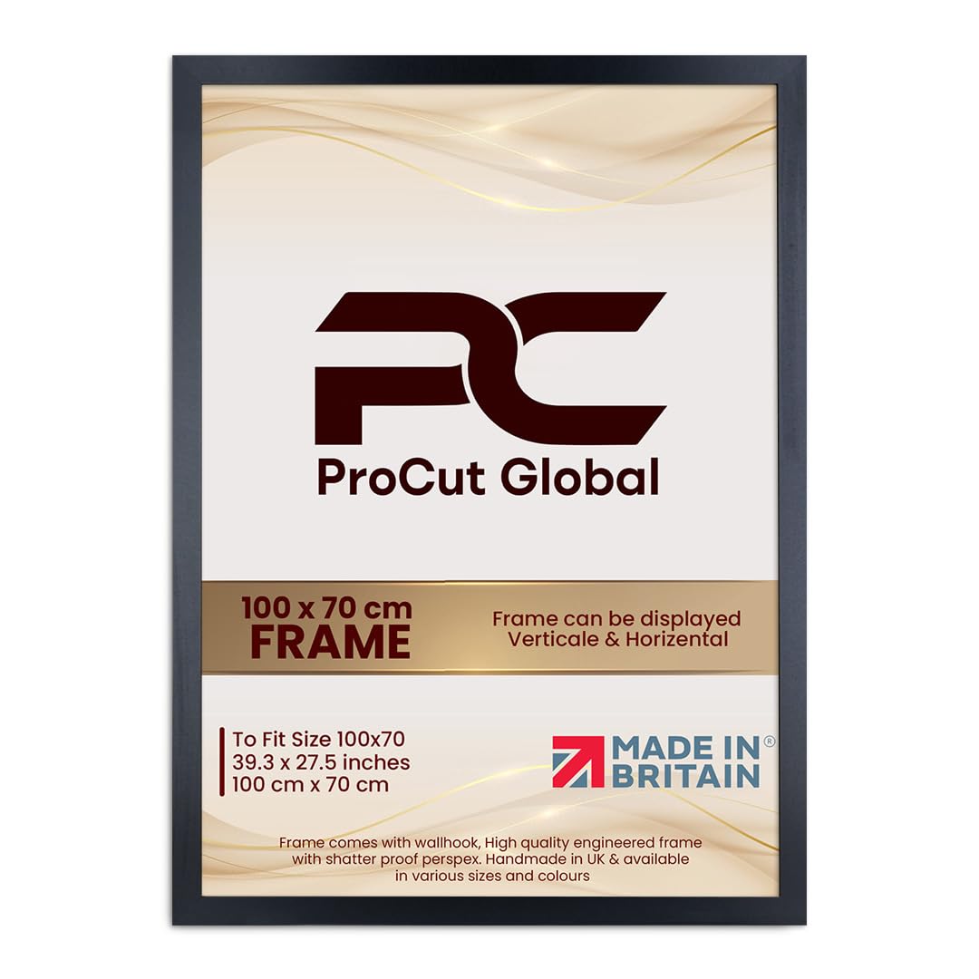 Procut Global 100X70CM Matt Black Picture Frames - Modern Wooden Photo Frame with Shatterproof Perspex for Wall or Tabletop - Perfect for Posters, Certificates, Prints - Sizes & Colors Available