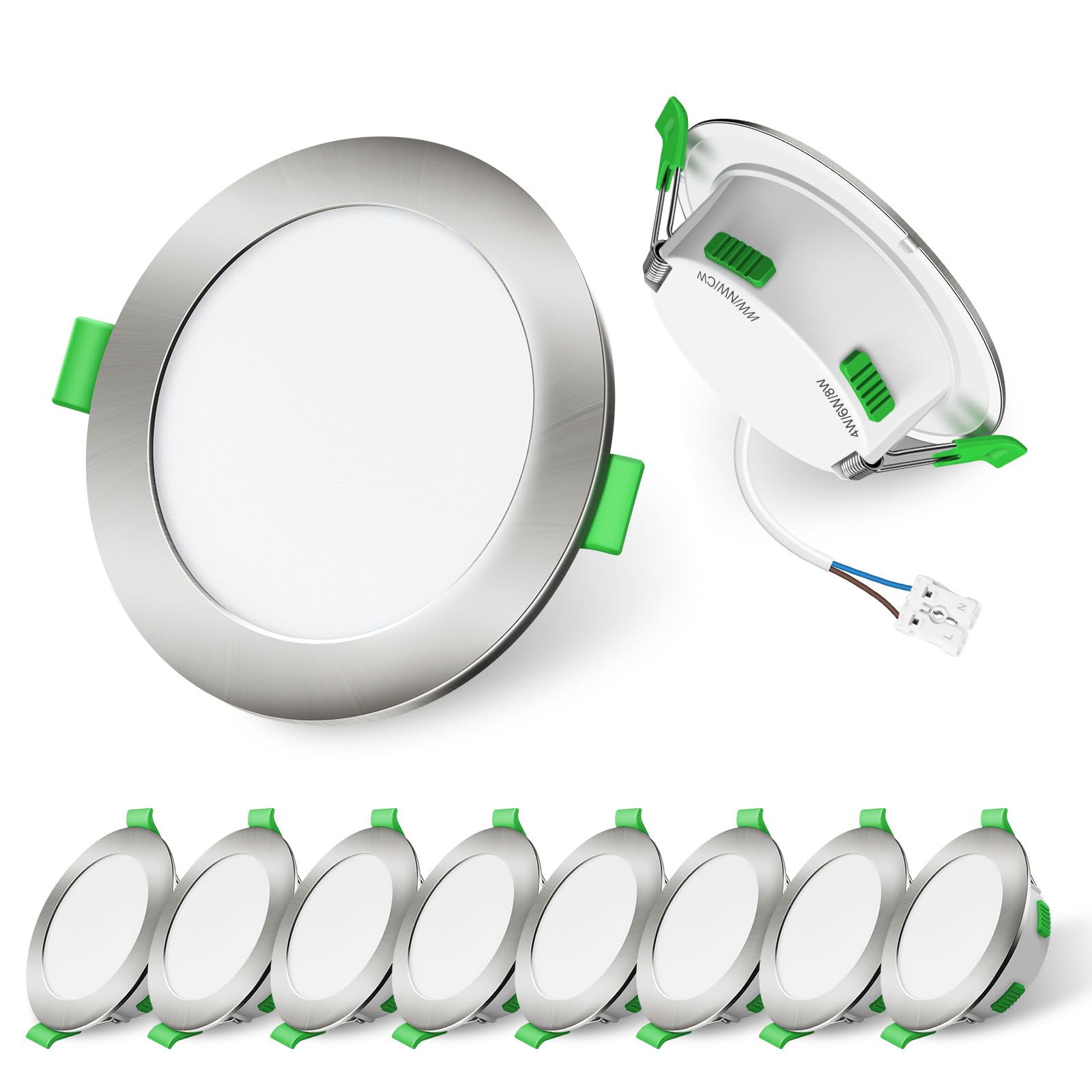 ALUSSO LED Einbaustrahler 230V Dimmbar, 4W/6W/8W Verstellbar LED Spots, 3CCT 3000K/ 4000K/6500K Deckenspots, Ultra Flach 68mm Deckenleuchte, IP44 für Badezimmer Küche, Rund Nickel 10er Set