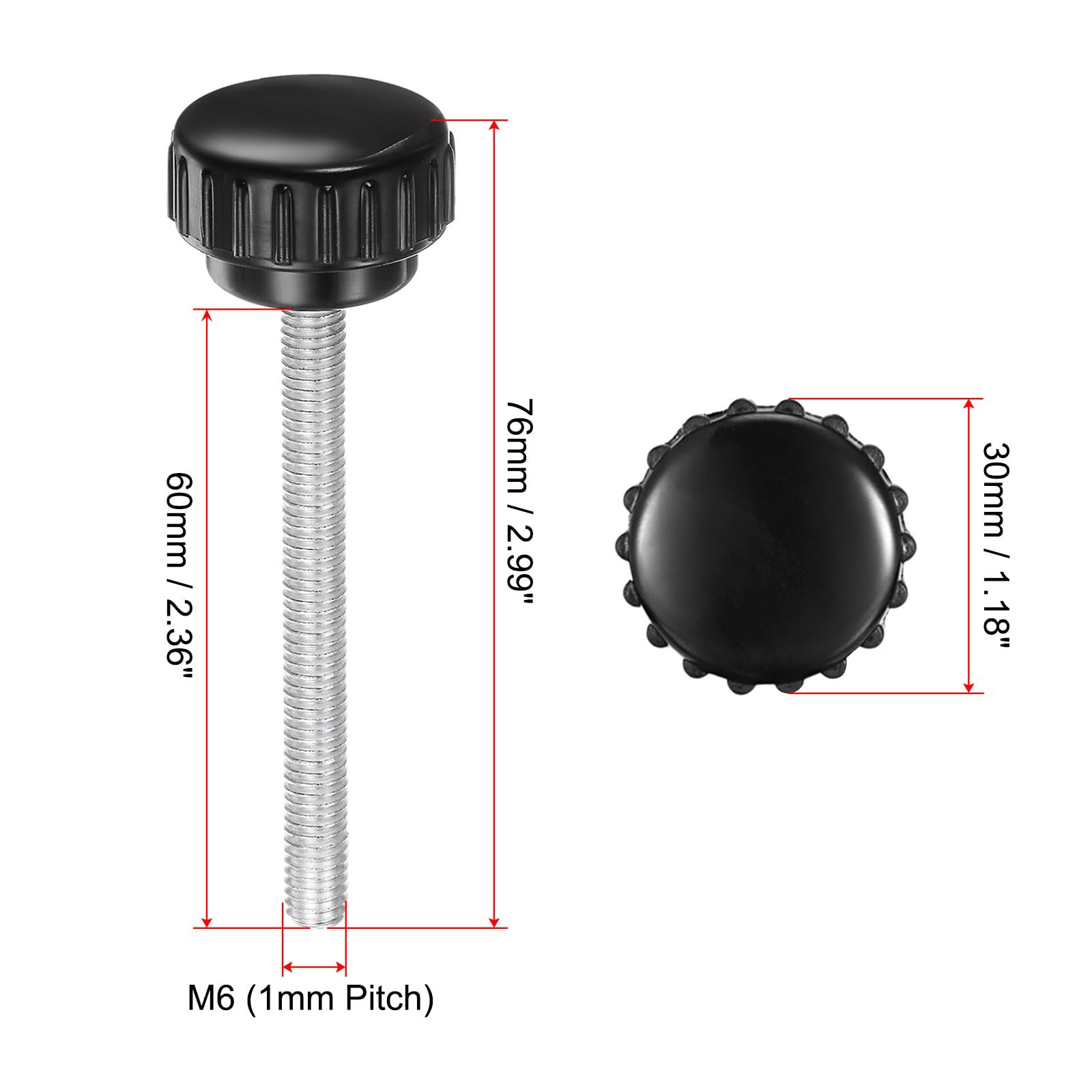 uxcell 2pcs Knurled Clamping Knobs M6 x 60mm Metric Zinc Plated Carbon Steel Male Thread Thumb Screw on Type 30mm Plastic Round Head Threaded Hand Bolt Stud Knobs Black