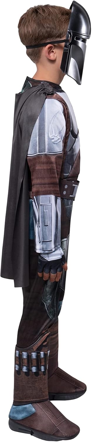 STAR WARS THE MANDALORIAN HALLOWEEN COSTUME FOR KIDS - Dlx Powerwall Jumpsuit w/Printed Design   Gloves, Cape, & 3D Headpiece