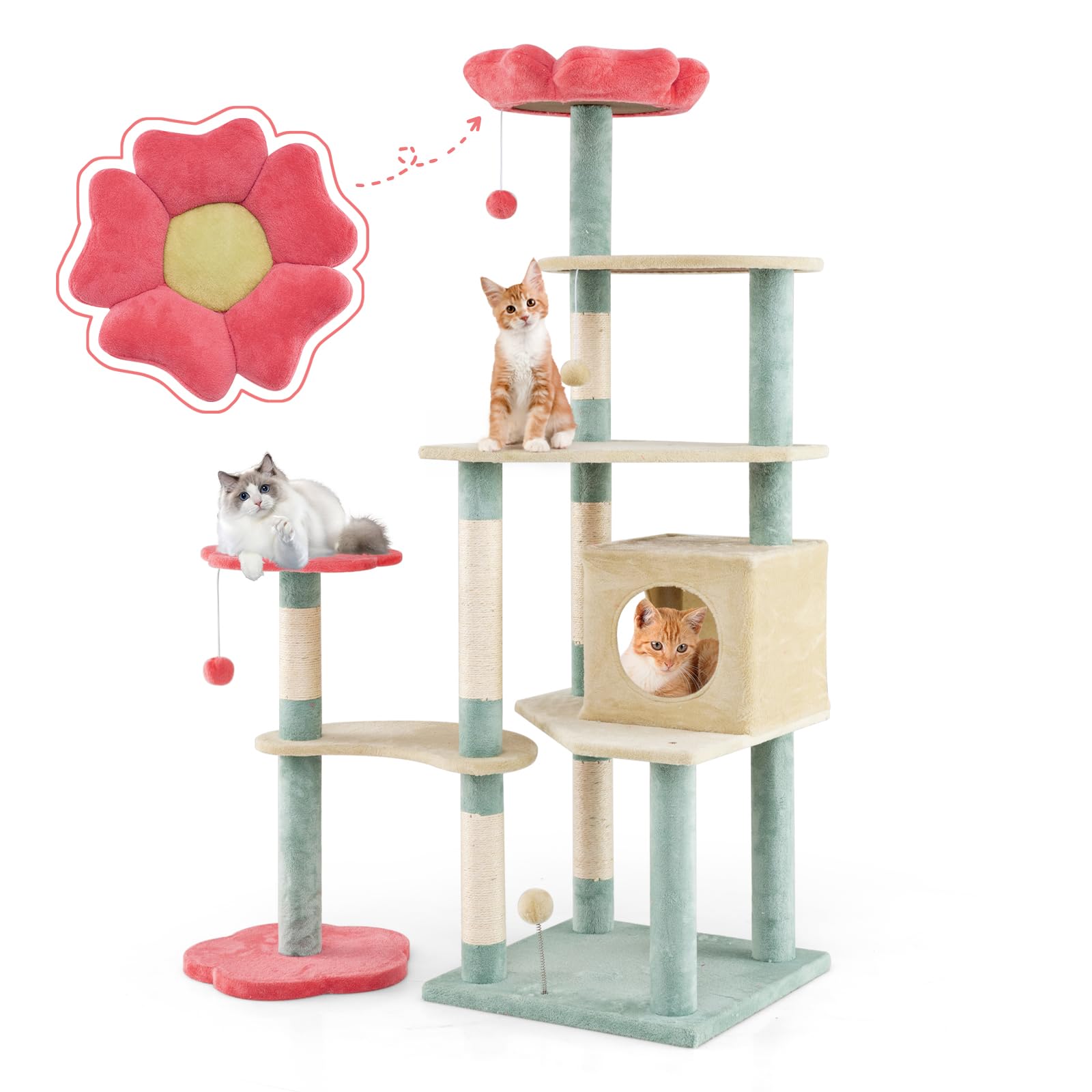 PETSITE 61-inch Flower Cat Tree, Modern Multi-Level Cute Cat Tree Tower with Sisal Scratching Posts, Flower-Shaped Soft Top Perch, Comfy Condo, Spring