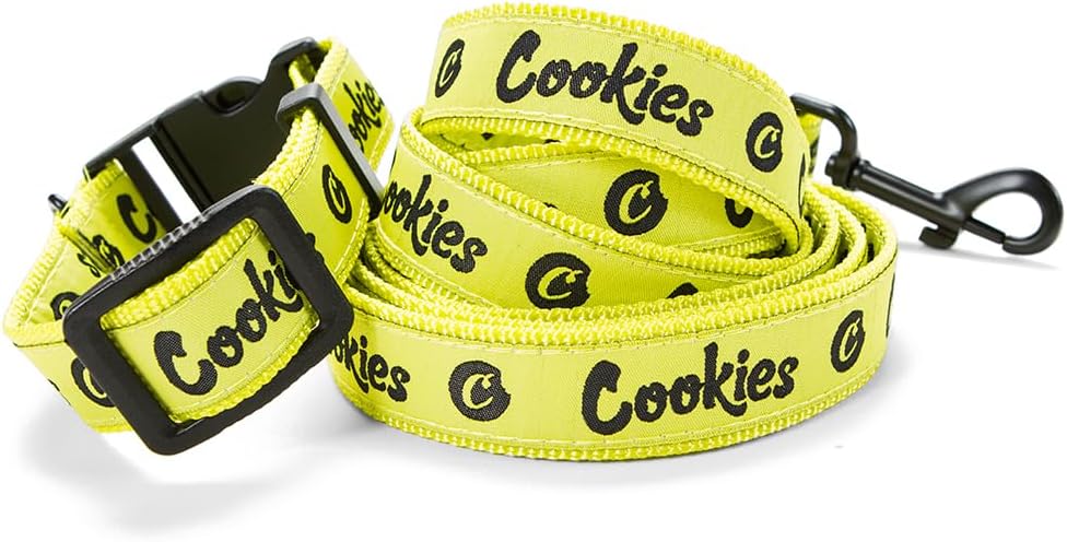 Cookies Original Logo Dog Leash & Collar Set – Adjustable Collar with Leash for Medium Dogs, Heavy-Duty Metal Clip, Comfortable Fit, Stylish Dog Walking & Training Accessory – Volt Yellow, Medium