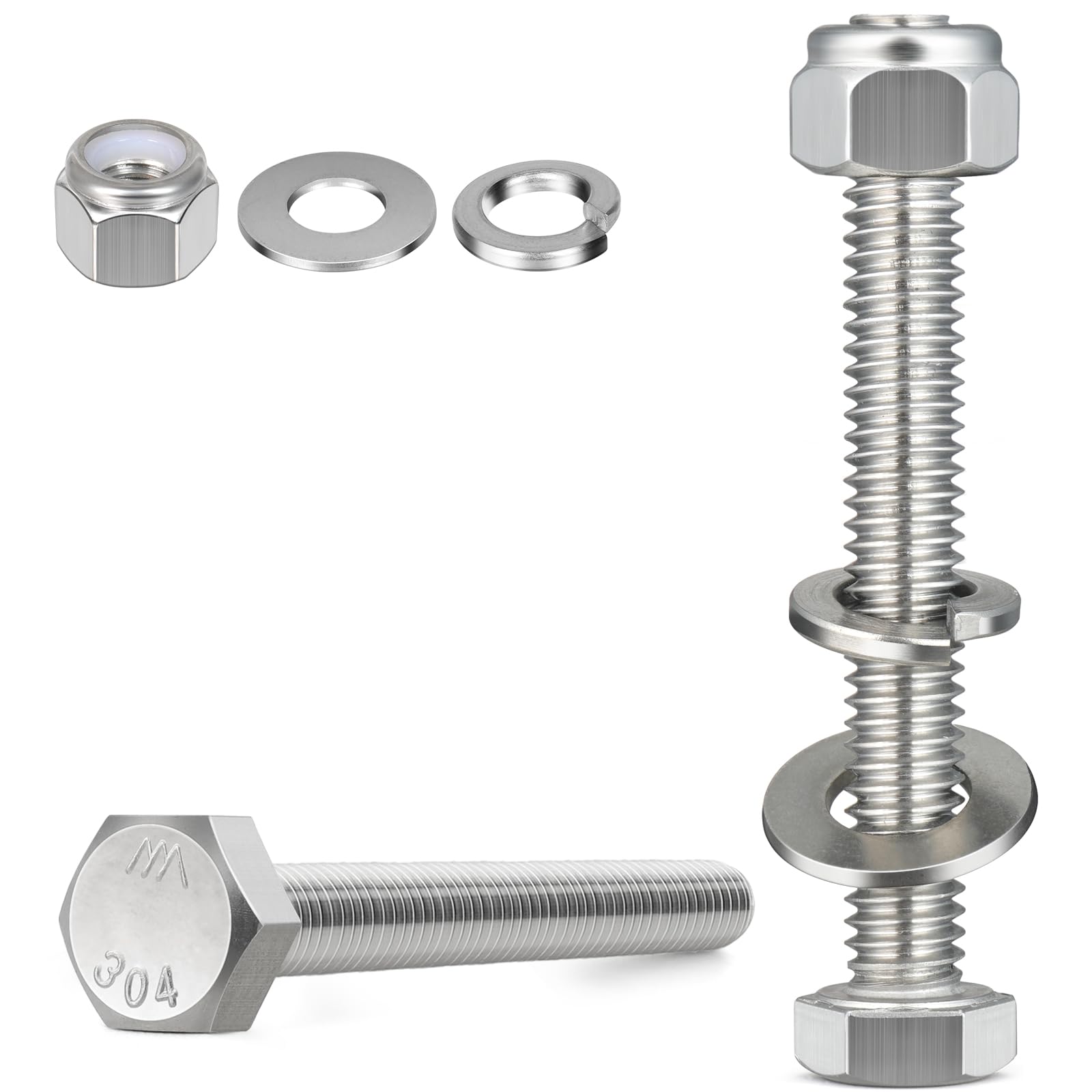 BNUOK (12 Sets) 3/8-16 x 5 Hex Head Screw Bolt,Lock Nuts,Flat & Lock Washers Kits,304 Stainless Steel 18-8,Fully Threaded