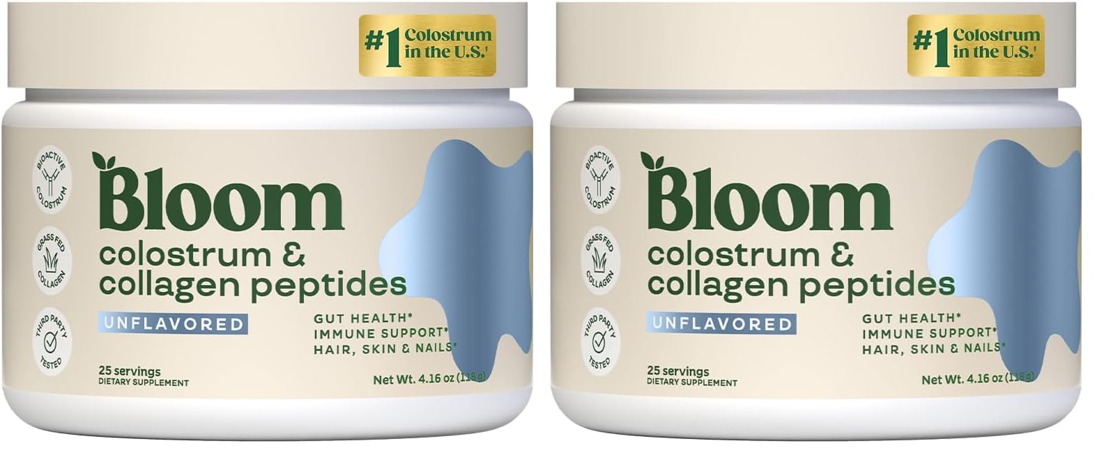 Bloom Nutrition Bovine Colostrum Powder, Unflavored, 25 Servings, 2 Pack