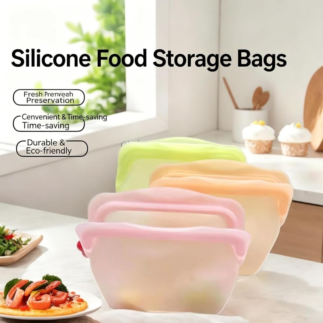 Sacchetto alimentare riutilizzabile in silicone, contenitore autoportante anti-perditaare riutilizzabile in silicone, contenitore autoportante anti-perdita per freezer, microonde (ABCD)