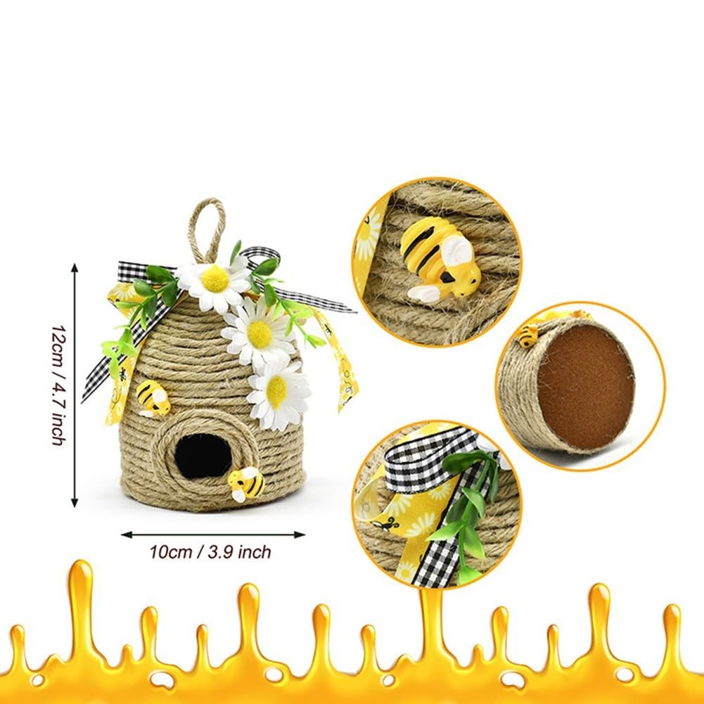 FACAIIO Handgefertigter Jute-Bienenstock-Ornament mit Holzbienen, Büffelkariertes Band, Landhaus-Dekoration (A und A)
