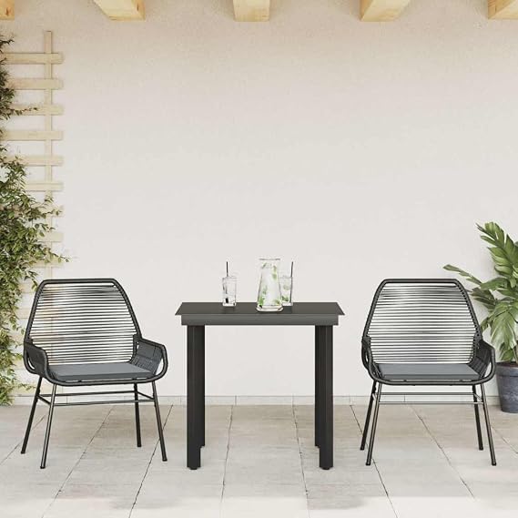 Patio Furniture Set Outdoor 3 Piece Bistro Table and Chairs with Cushions Black Poly Rattan Glass Top for Balcony Garden Porch