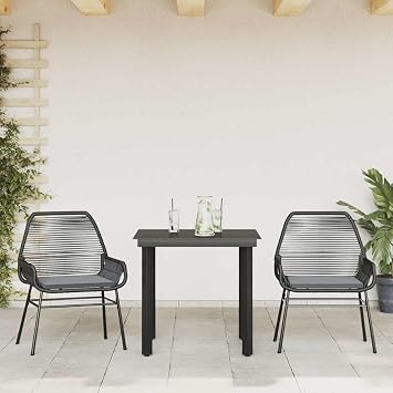 Patio Furniture Set Outdoor 3 Piece Bistro Table and Chairs with Cushions Black Poly Rattan Glass Top for Balcony Garden Porch