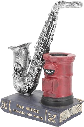 DECHOUS Decoración de escritorio, figura de saxofón, escultura de saxofón, soporte para bolígrafo, decoración para sala de casa, lápiz de saxofón,