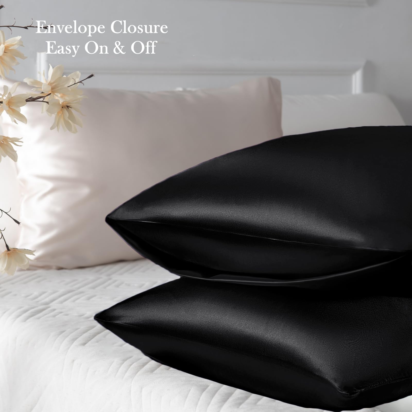 Vielit Satin Pillowcase for Hair and Skin Cooling,Soft as Silk Pillowcase for Hair and Skin,Easier Care than Silk Pillow Cases 4 Pack Black 50x75cm Gifts for Women Envelope & 2 Scrunchies - Image 3